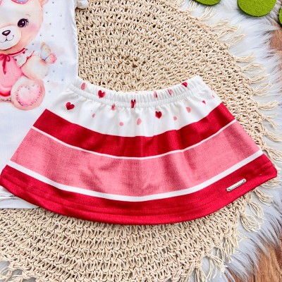 Conj. Body Ursinha com Óculos e Saia - Off White e Vermelho